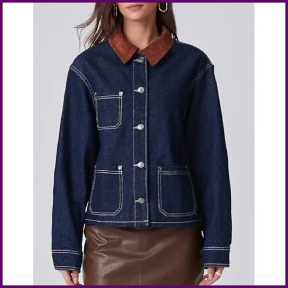 Vintage Denim Jacket with Corduroy Collar Loose Fit Button Down Shacket